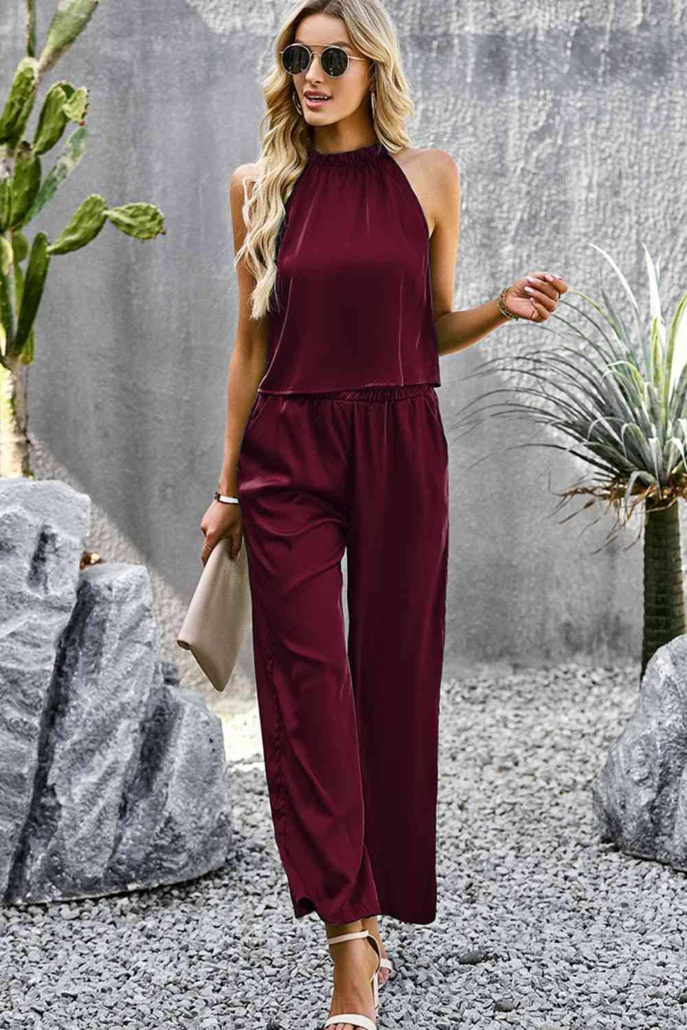 Grecian Neck Sleeveless Pocketed Top and Pants Set - Dapper Deluxe Fashion