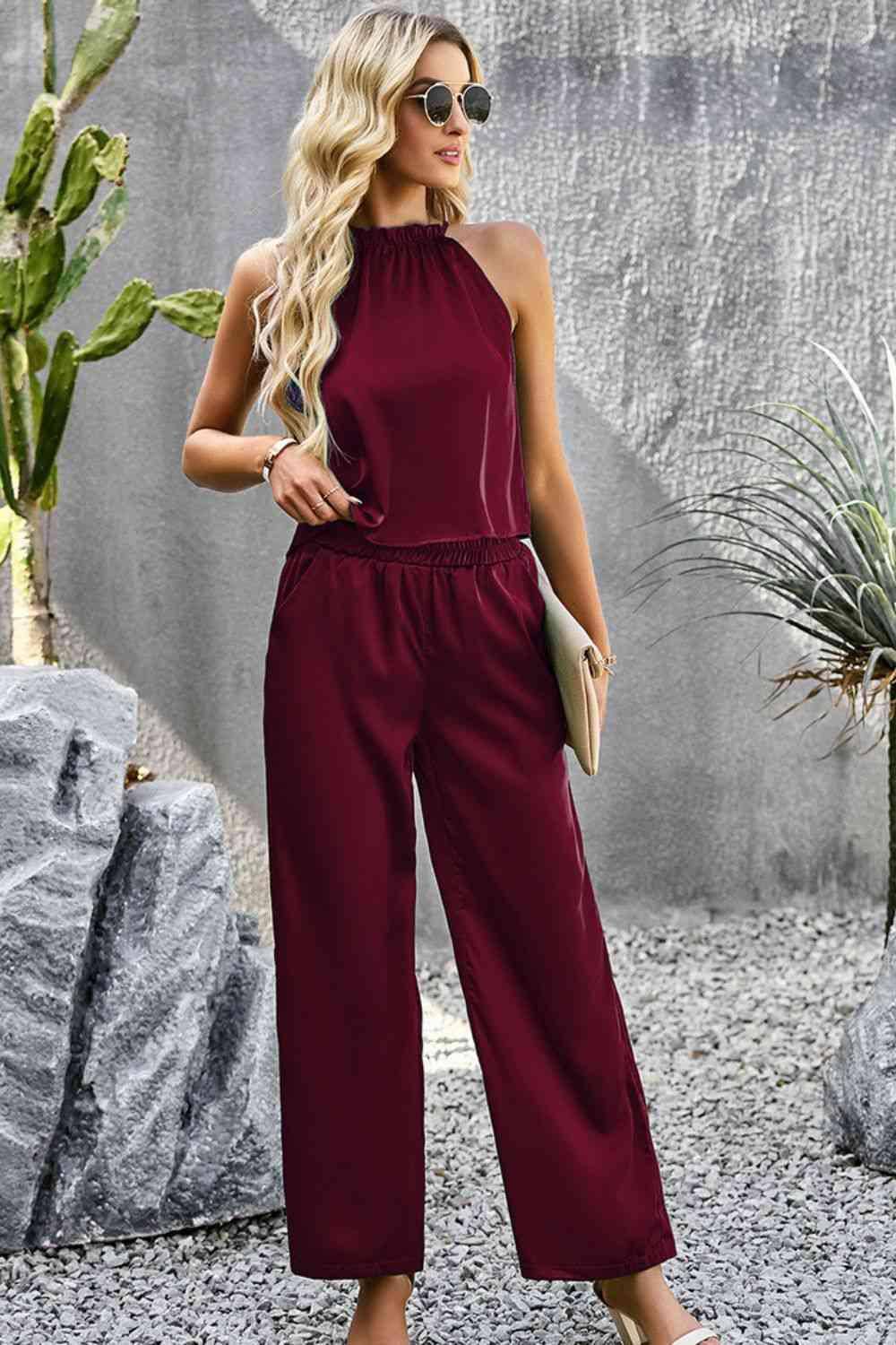 Grecian Neck Sleeveless Pocketed Top and Pants Set - Dapper Deluxe Fashion