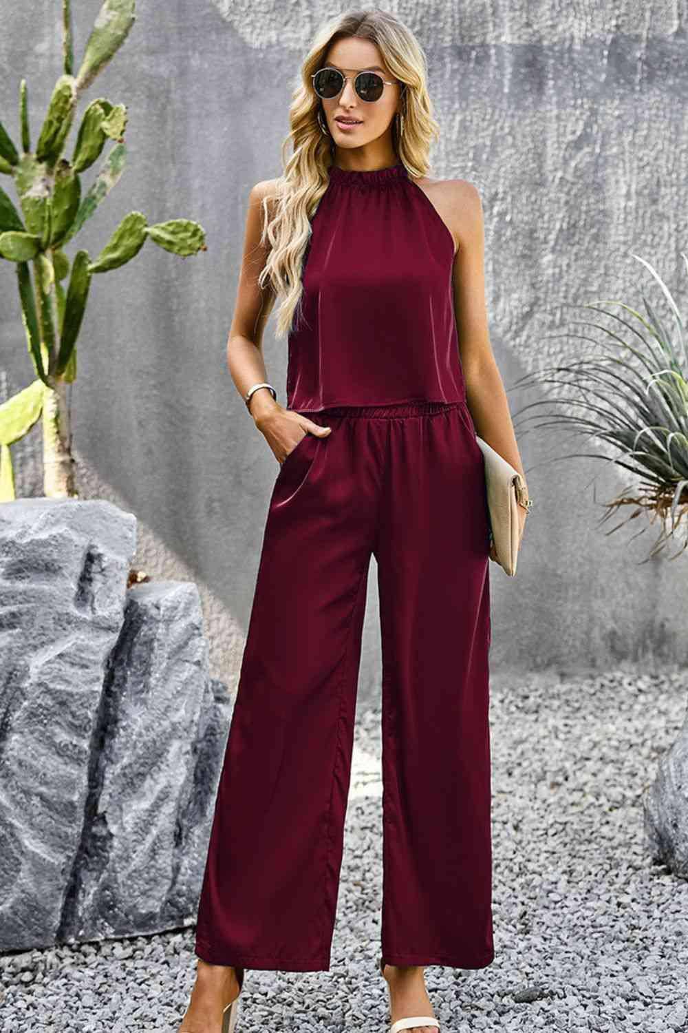 Grecian Neck Sleeveless Pocketed Top and Pants Set - Dapper Deluxe Fashion