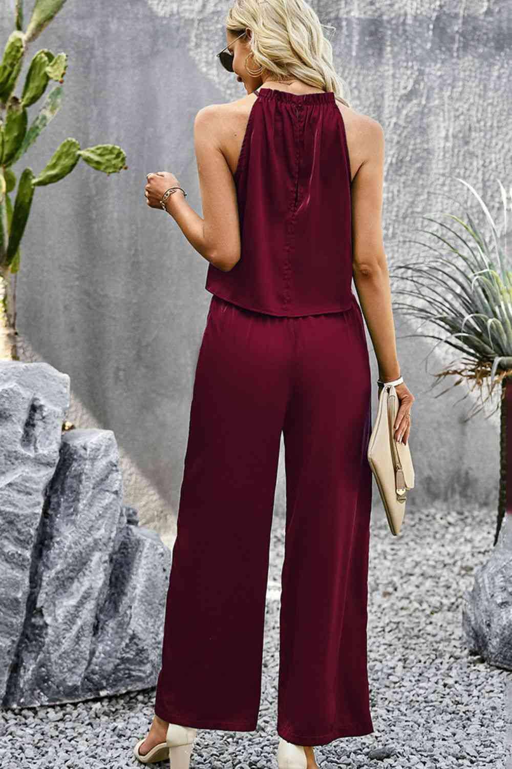 Grecian Neck Sleeveless Pocketed Top and Pants Set - Dapper Deluxe Fashion