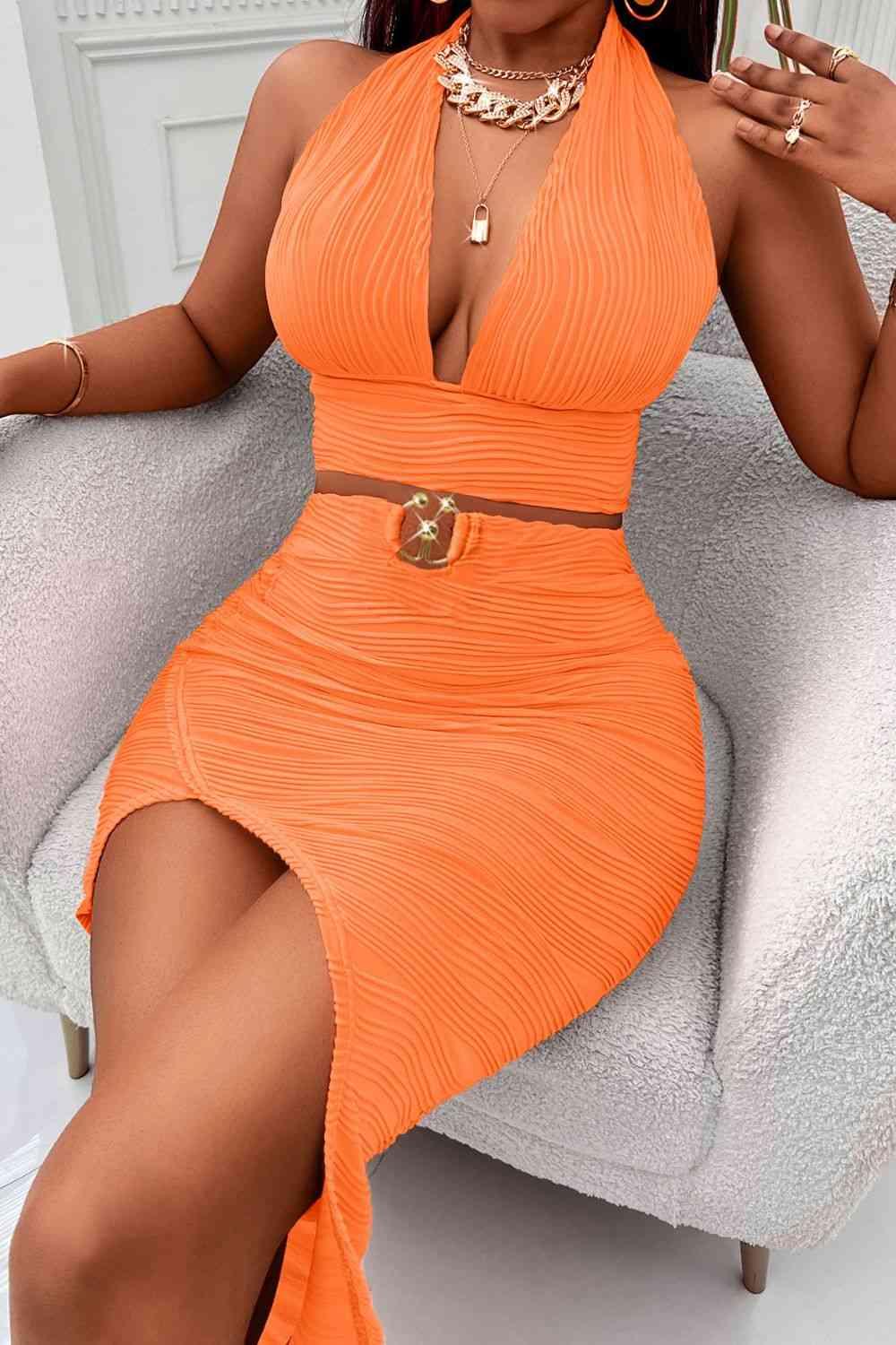 Halter Neck Sleeveless Top and Asymmetrical Skirt Set - Dapper Deluxe Fashion