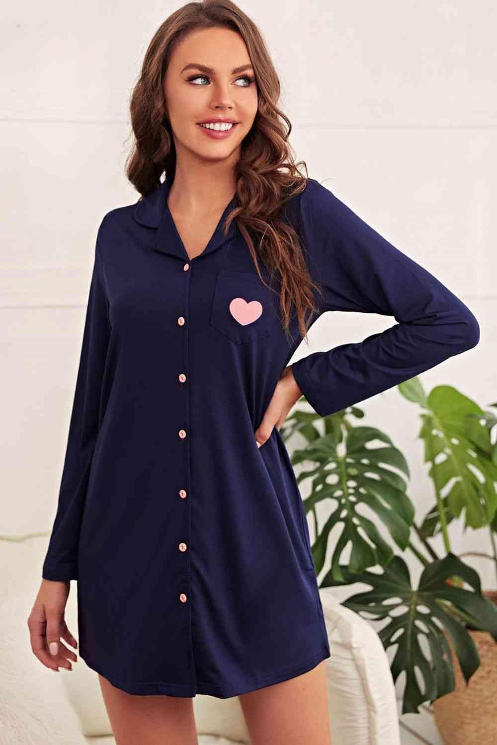 Heart Graphic Lapel Collar Night Shirt Dress - Dapper Deluxe Fashion