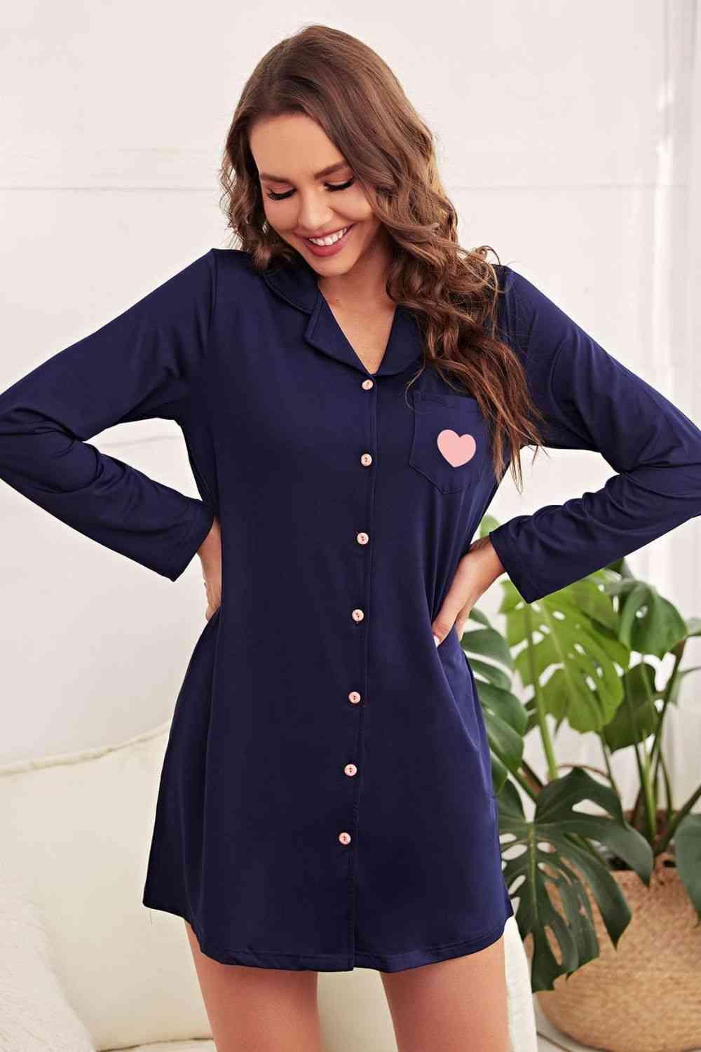 Heart Graphic Lapel Collar Night Shirt Dress - Dapper Deluxe Fashion