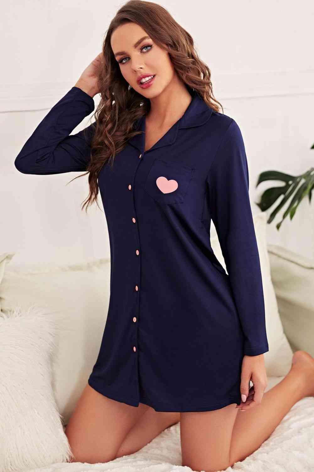 Heart Graphic Lapel Collar Night Shirt Dress - Dapper Deluxe Fashion