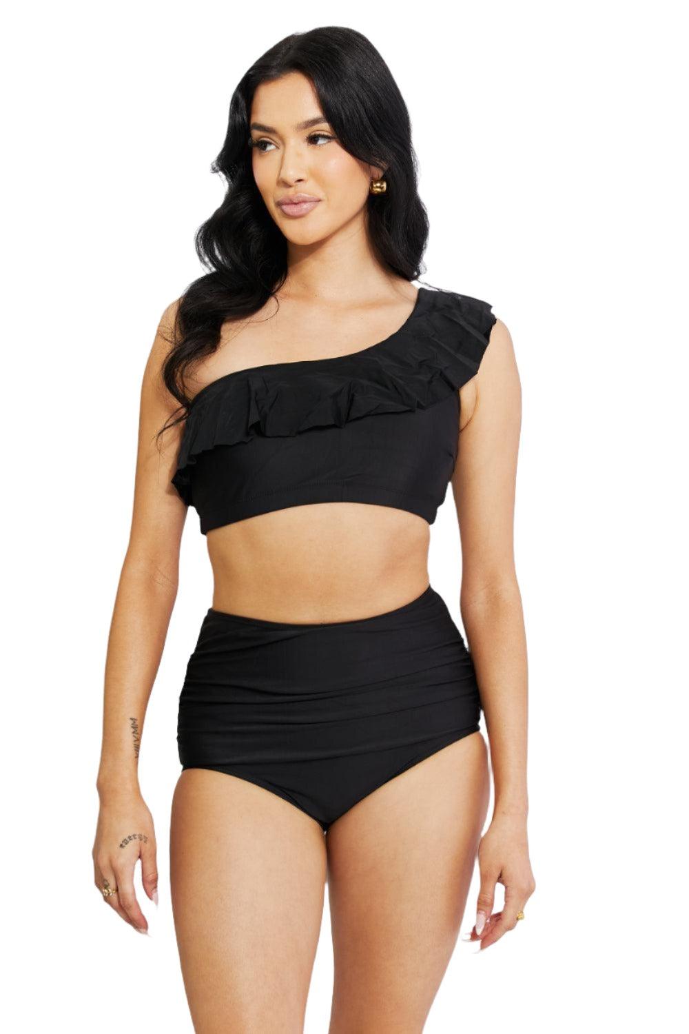 Hollywood Noir Ruffle One-Shoulder Bikini - Dapper Deluxe Fashion