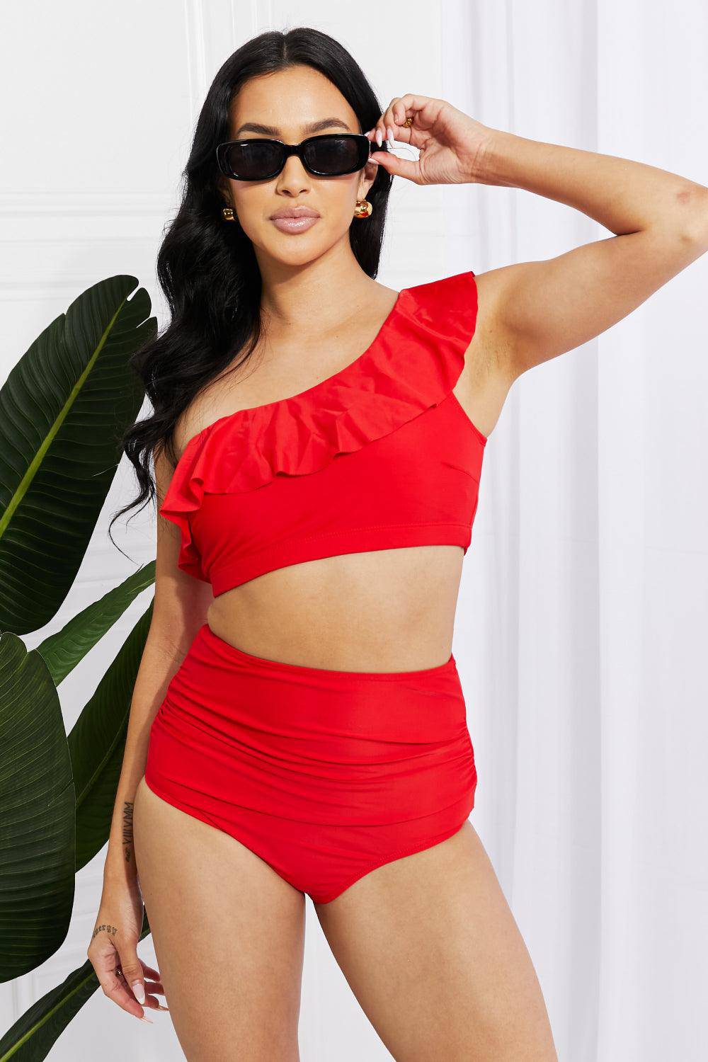 Hollywood Red Ruffle One-Shoulder Bikini - Dapper Deluxe Fashion