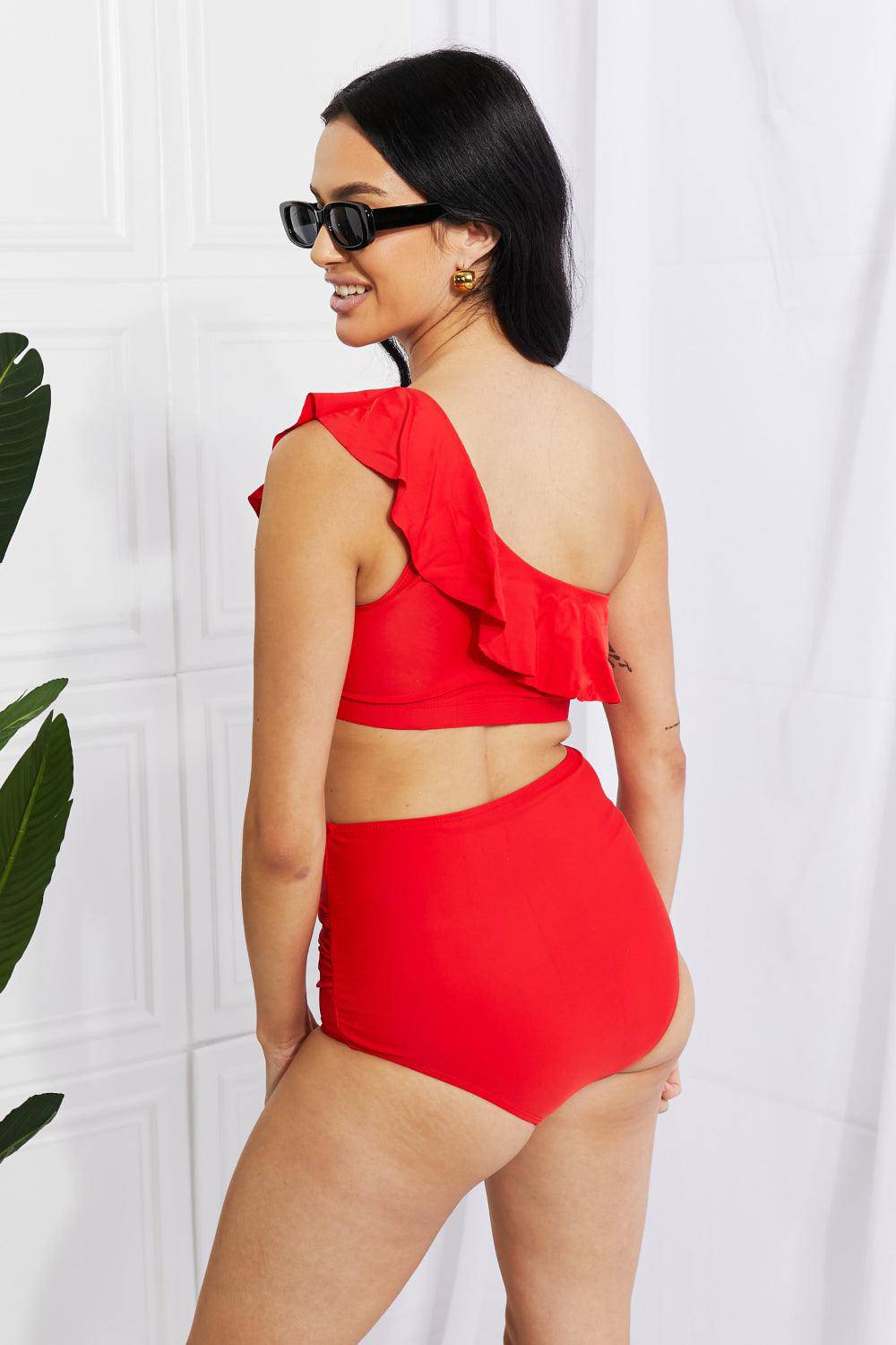 Hollywood Red Ruffle One-Shoulder Bikini - Dapper Deluxe Fashion