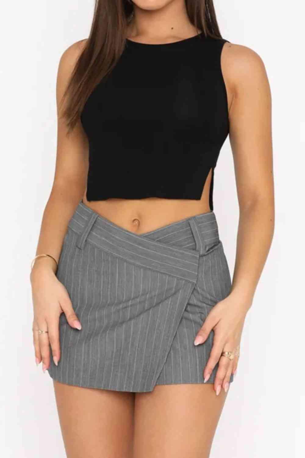 Pinstripe Crossover Waist Mini Skirt - Dapper Deluxe Fashion