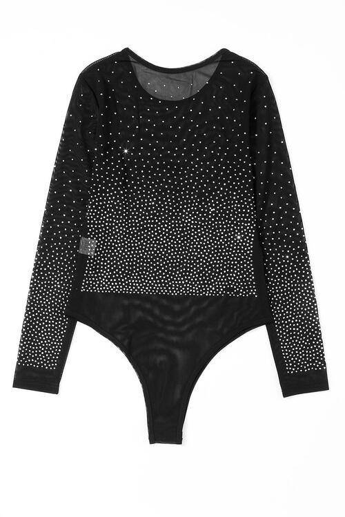 Rhinestone Embellished Mesh Long Sleeve Bodysuit - Dapper Deluxe Fashion