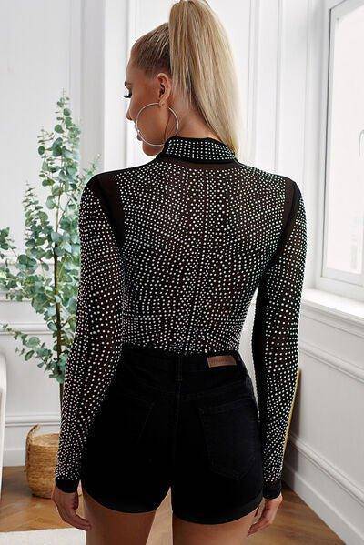 Rhinestone Mock Neck Long Sleeve Bodysuit - Dapper Deluxe Fashion