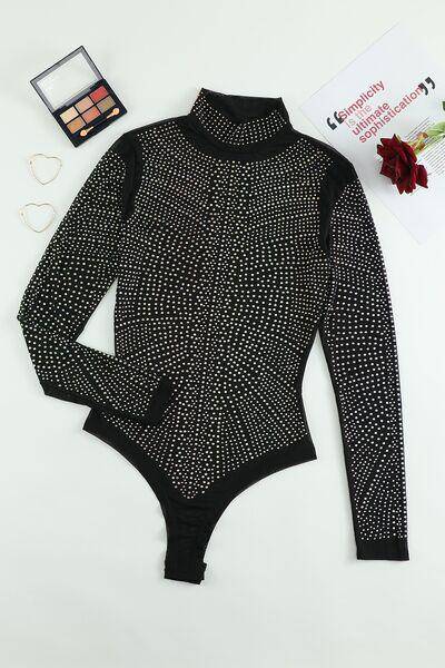 Rhinestone Mock Neck Long Sleeve Bodysuit - Dapper Deluxe Fashion