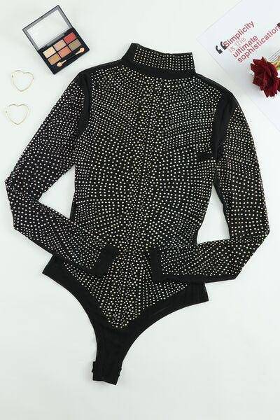 Rhinestone Mock Neck Long Sleeve Bodysuit - Dapper Deluxe Fashion