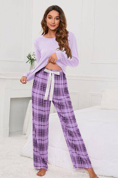 Round Neck Long Sleeve Top and Bow Plaid Pants Lounge Set - Dapper Deluxe Fashion