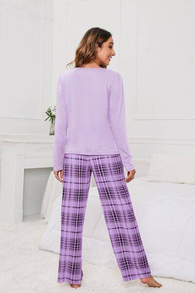 Round Neck Long Sleeve Top and Bow Plaid Pants Lounge Set - Dapper Deluxe Fashion