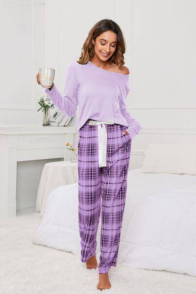 Round Neck Long Sleeve Top and Bow Plaid Pants Lounge Set - Dapper Deluxe Fashion