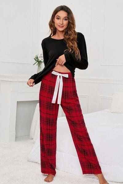 Round Neck Long Sleeve Top and Bow Plaid Pants Lounge Set - Dapper Deluxe Fashion