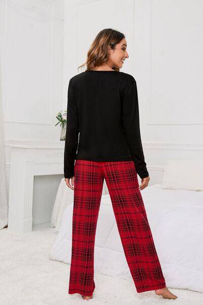 Round Neck Long Sleeve Top and Bow Plaid Pants Lounge Set - Dapper Deluxe Fashion