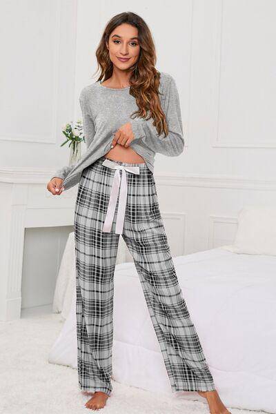 Round Neck Long Sleeve Top and Bow Plaid Pants Lounge Set - Dapper Deluxe Fashion