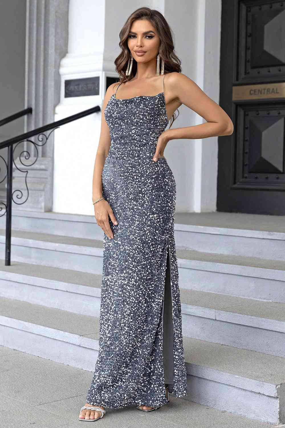 Sequin Backless Split Maxi Dress - Dapper Deluxe Fashion