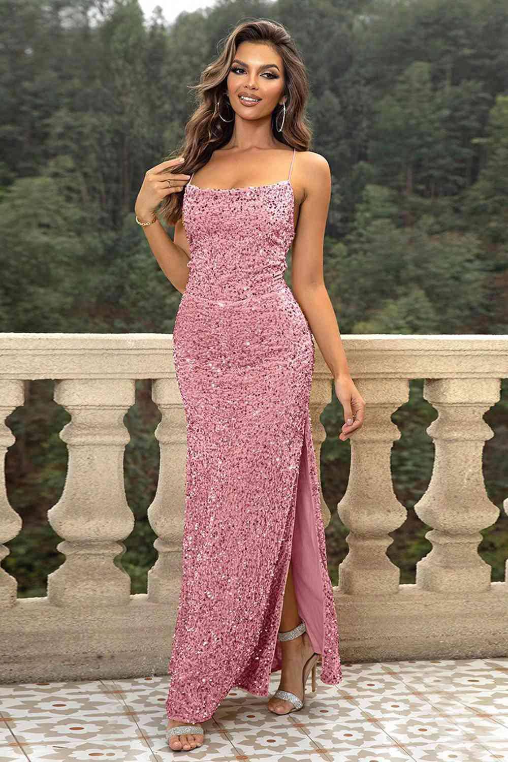 Sequin Backless Split Maxi Dress - Dapper Deluxe Fashion