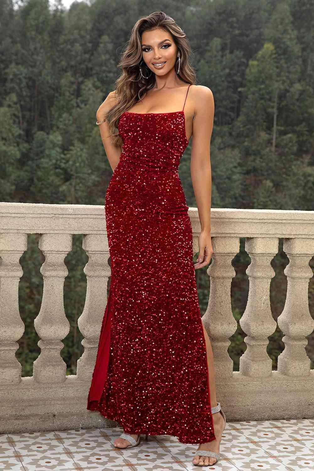 Sequin Backless Split Maxi Dress - Dapper Deluxe Fashion