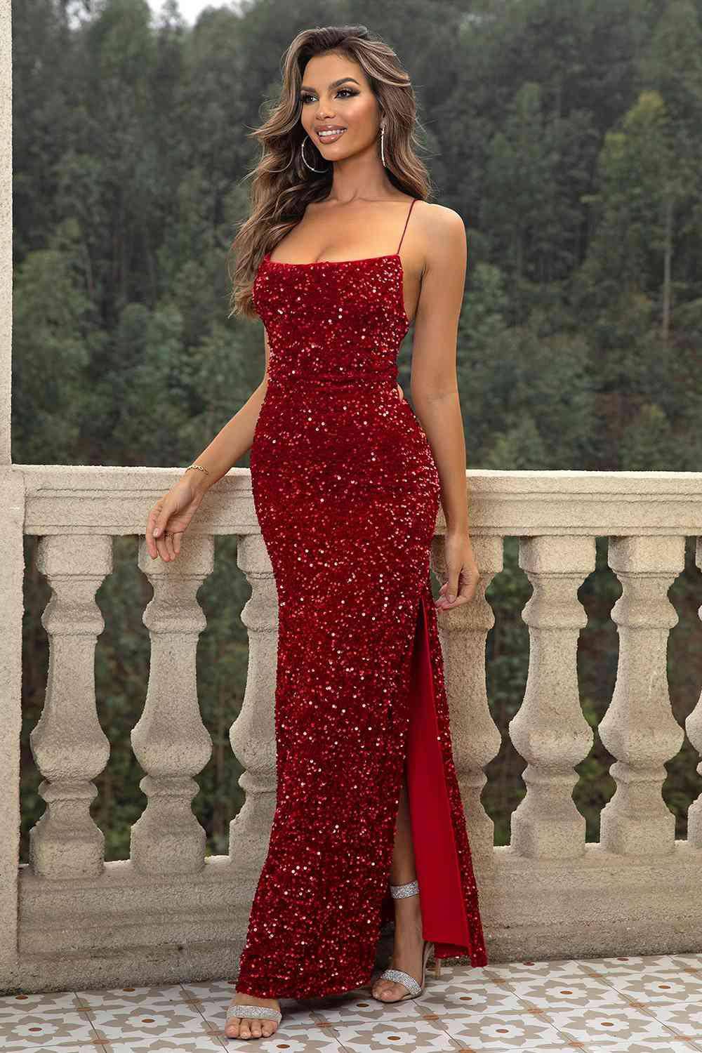 Sequin Backless Split Maxi Dress - Dapper Deluxe Fashion