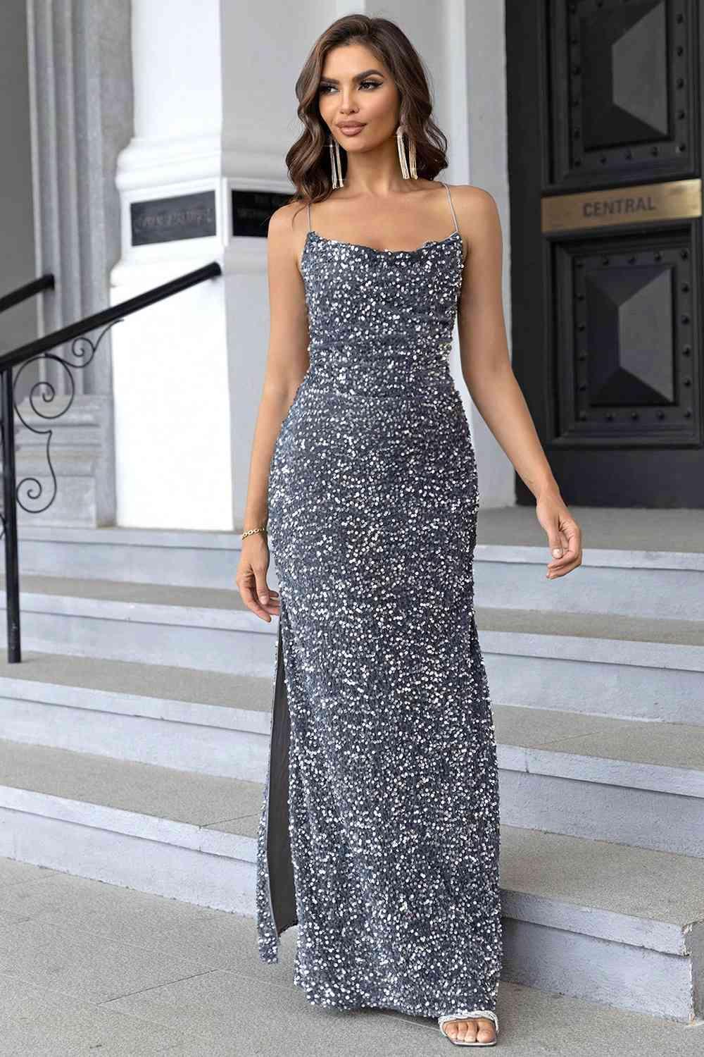 Sequin Backless Split Maxi Dress - Dapper Deluxe Fashion