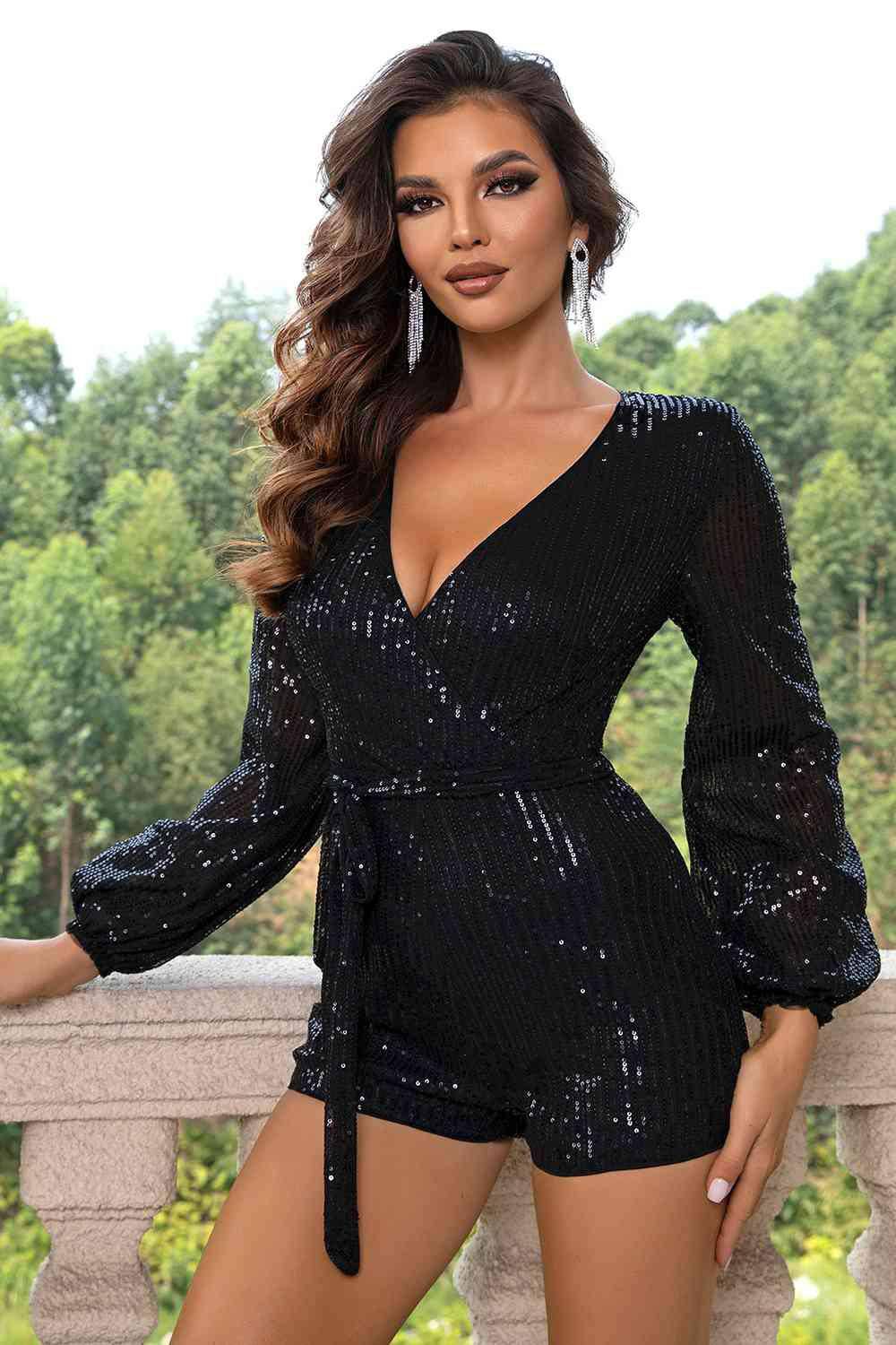 Sequin Tie Waist Long Sleeve Romper - Dapper Deluxe Fashion