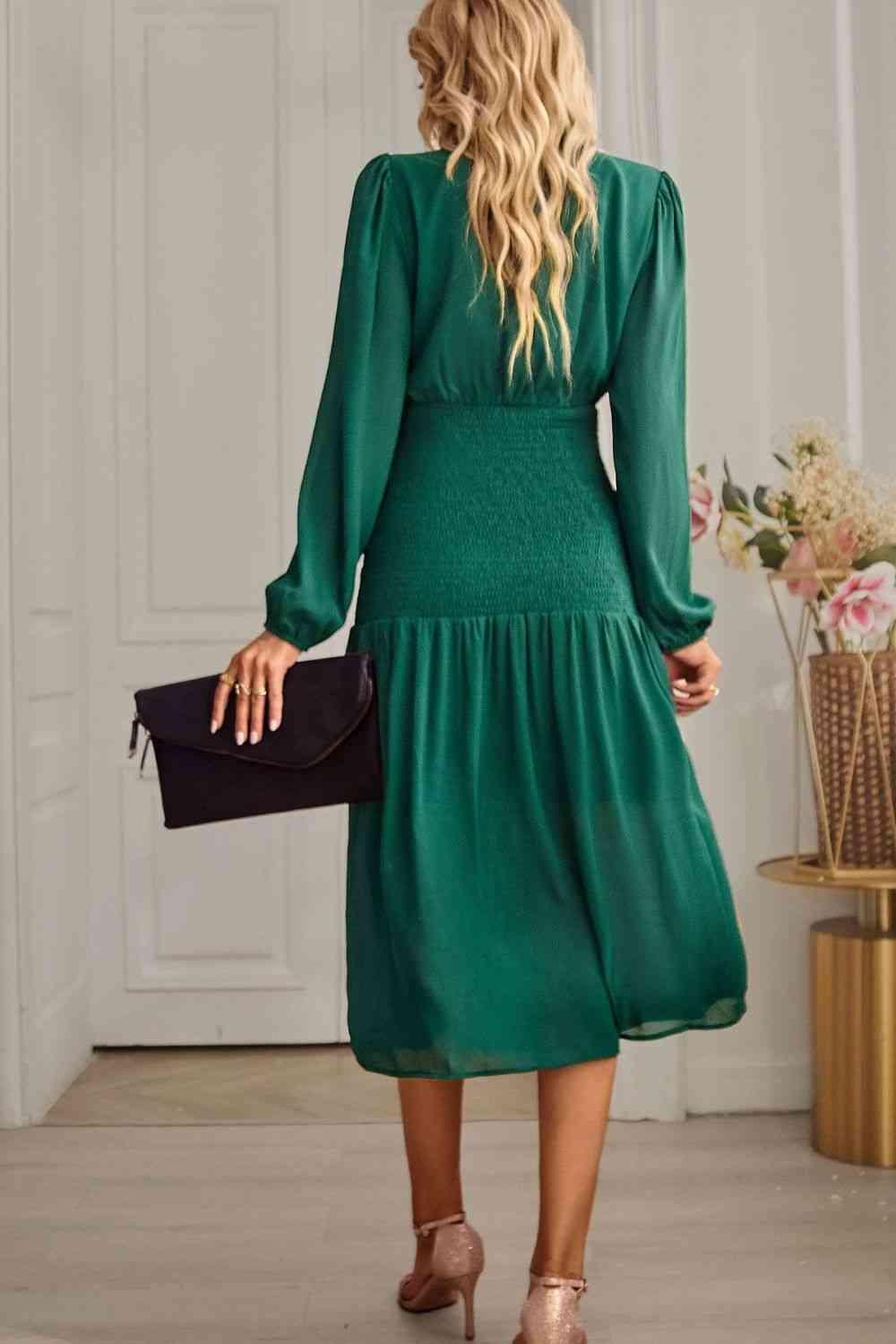 Slit Smocked Mock Neck Puff Sleeve Midi Dress - Dapper Deluxe Fashion