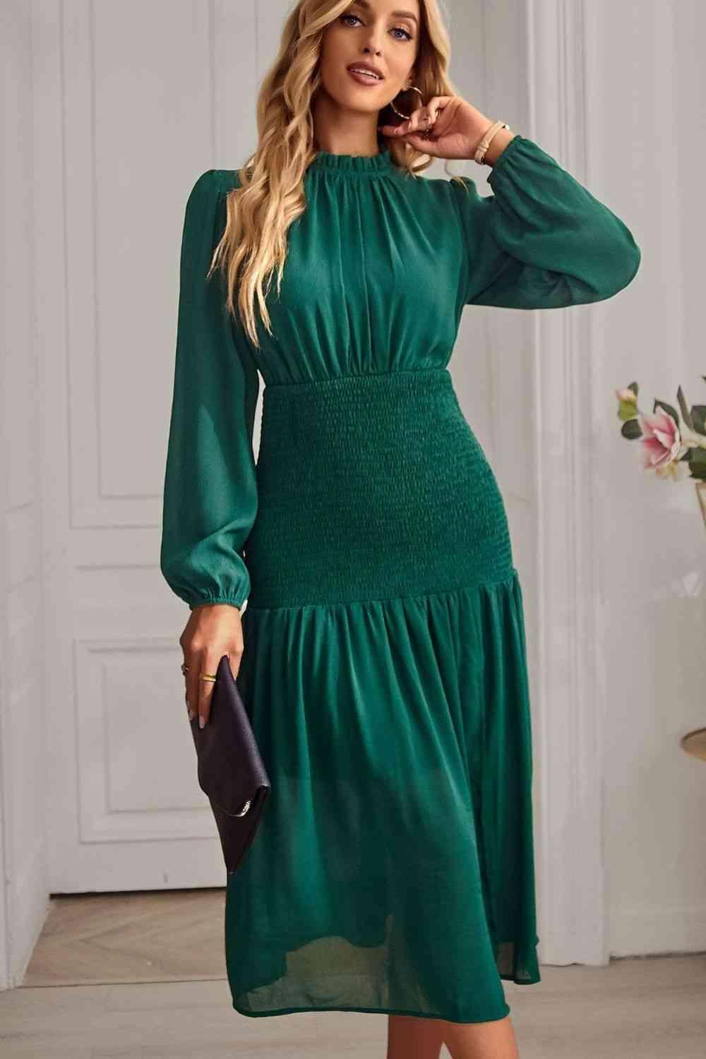 Slit Smocked Mock Neck Puff Sleeve Midi Dress - Dapper Deluxe Fashion