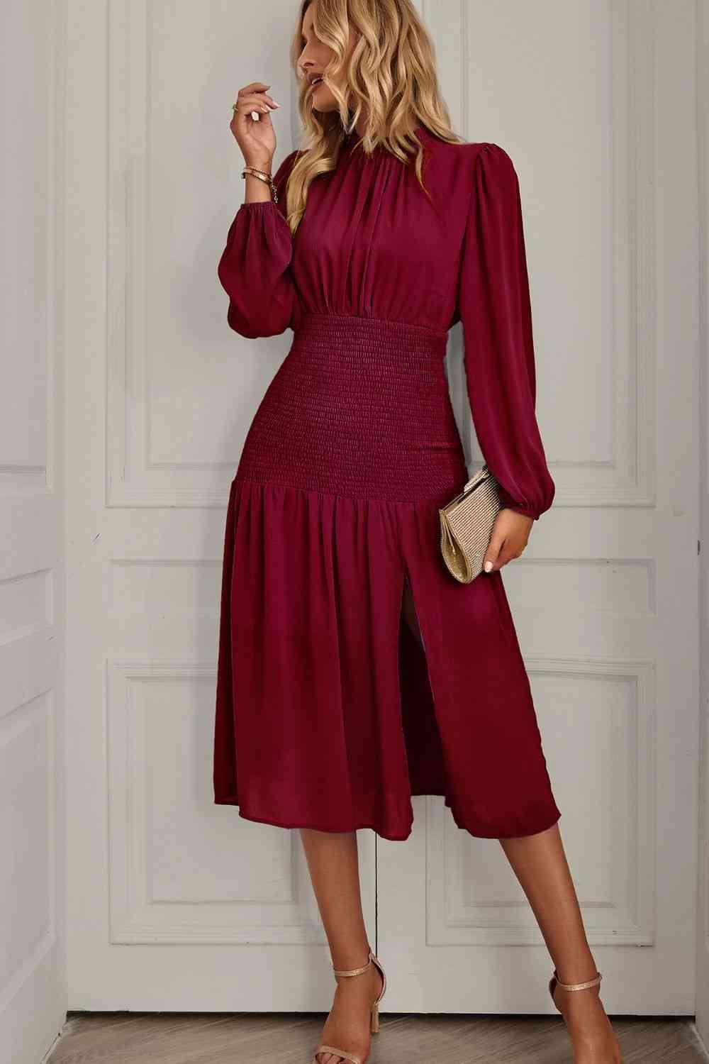 Slit Smocked Mock Neck Puff Sleeve Midi Dress - Dapper Deluxe Fashion