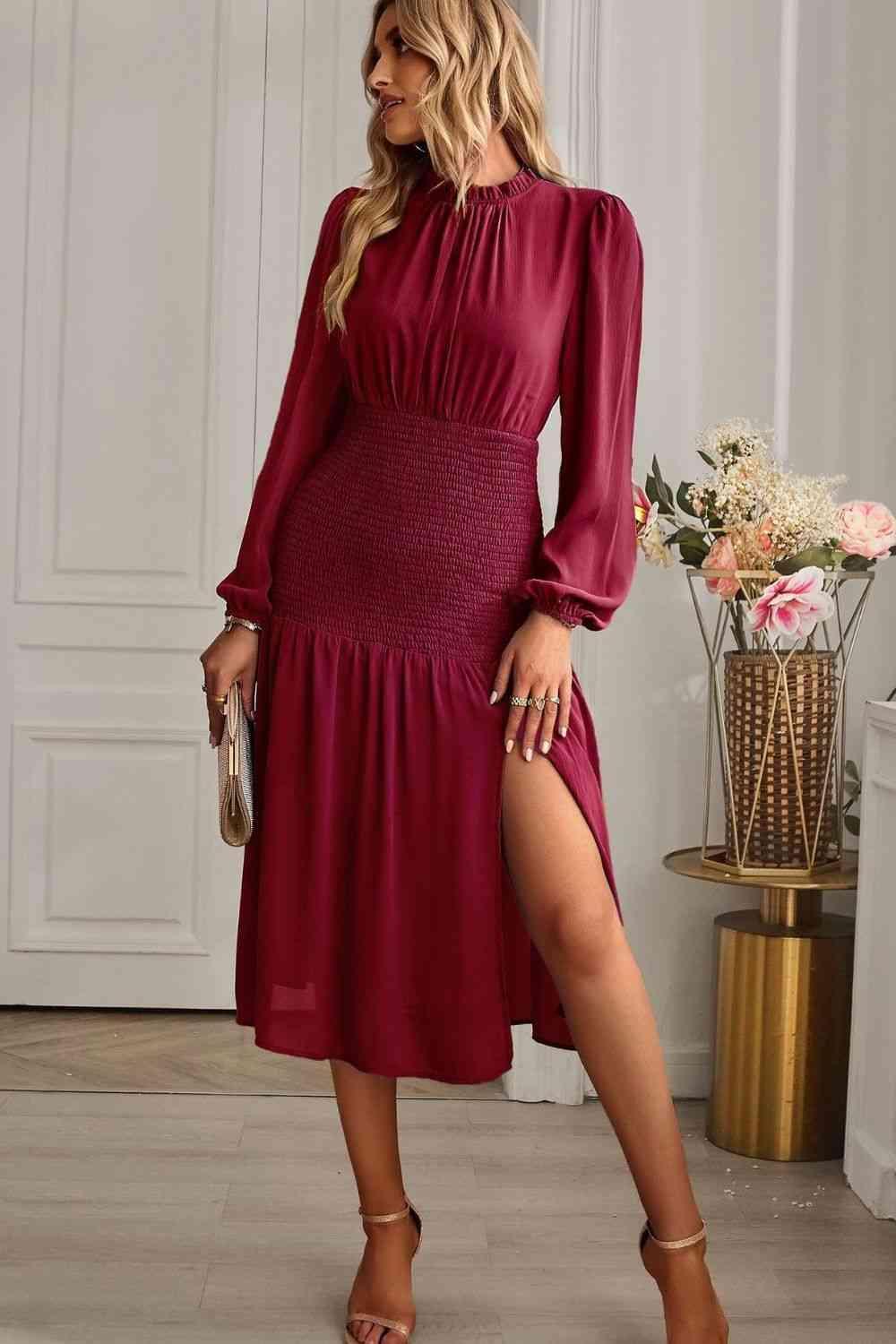 Slit Smocked Mock Neck Puff Sleeve Midi Dress - Dapper Deluxe Fashion