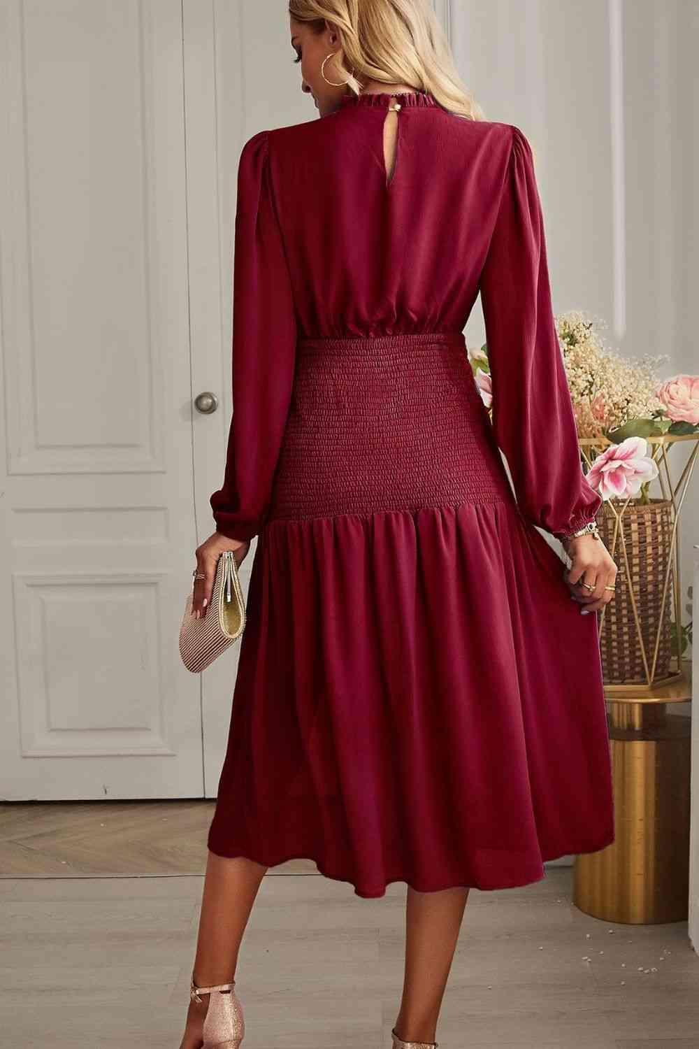 Slit Smocked Mock Neck Puff Sleeve Midi Dress - Dapper Deluxe Fashion