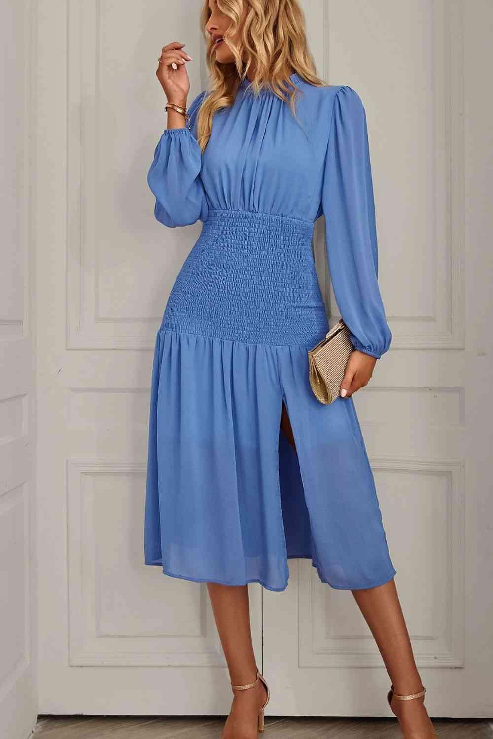 Slit Smocked Mock Neck Puff Sleeve Midi Dress - Dapper Deluxe Fashion