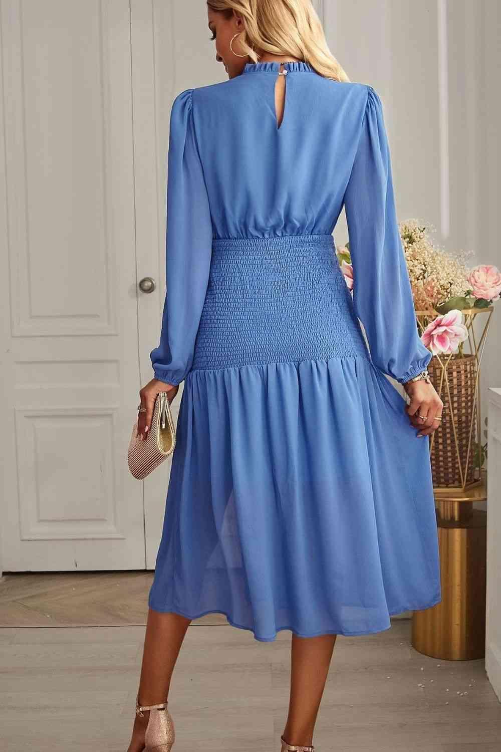 Slit Smocked Mock Neck Puff Sleeve Midi Dress - Dapper Deluxe Fashion