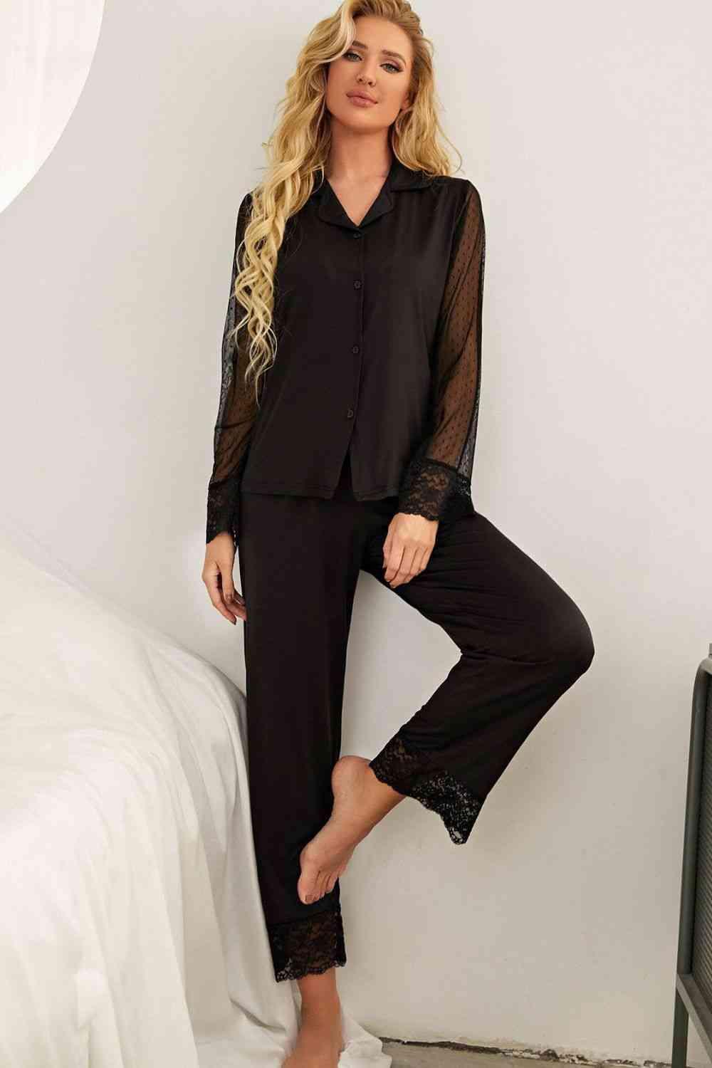 Spliced Lace Lapel Collar Pajama Set - Dapper Deluxe Fashion