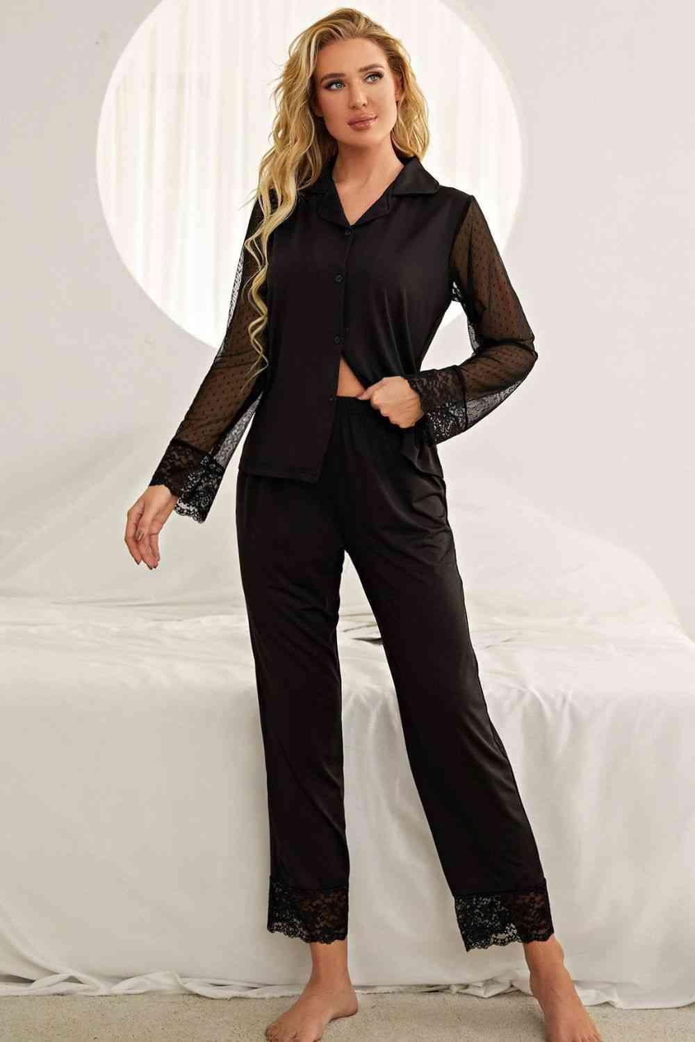 Spliced Lace Lapel Collar Pajama Set - Dapper Deluxe Fashion