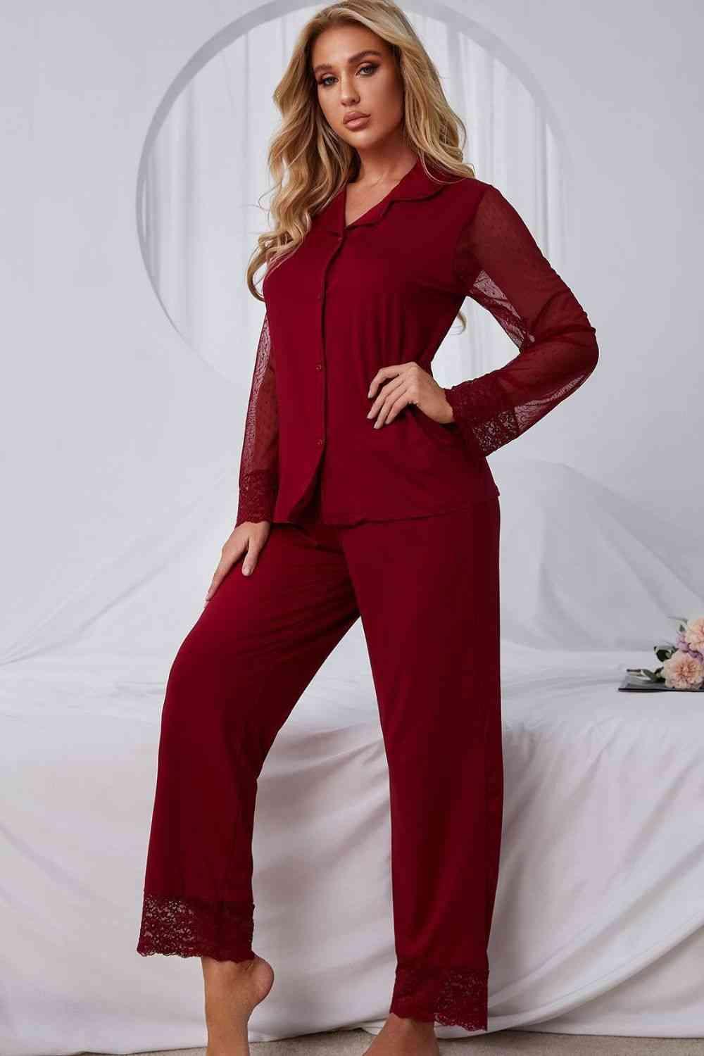 Spliced Lace Lapel Collar Pajama Set - Dapper Deluxe Fashion