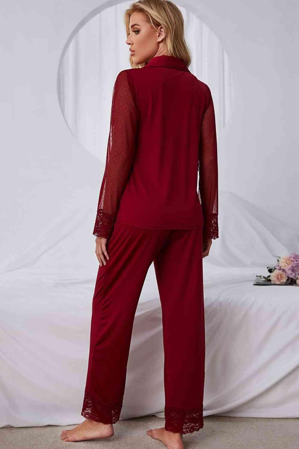 Spliced Lace Lapel Collar Pajama Set - Dapper Deluxe Fashion