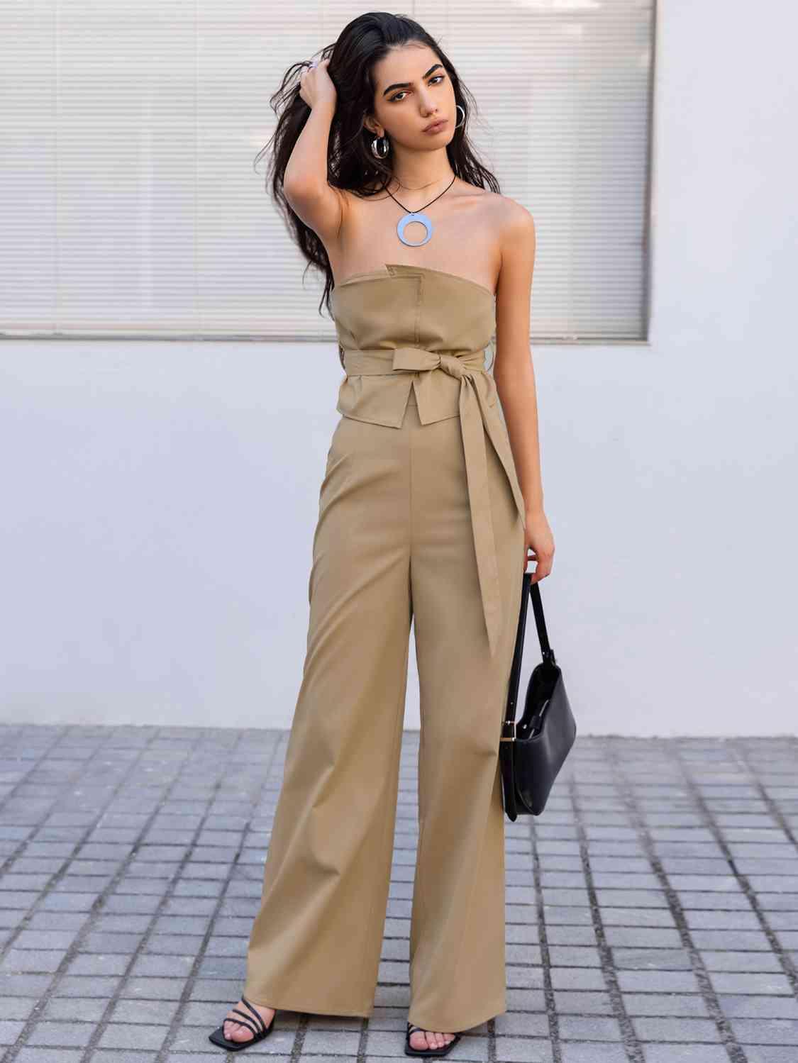 Strapless Tie Waist Jumpsuit - Dapper Deluxe Fashion