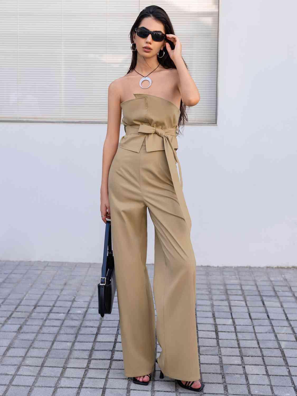 Strapless Tie Waist Jumpsuit - Dapper Deluxe Fashion