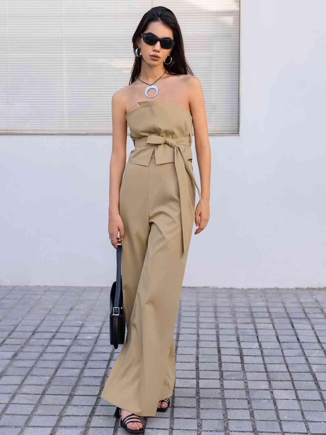 Strapless Tie Waist Jumpsuit - Dapper Deluxe Fashion