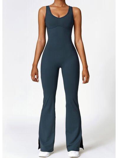 Wide Strap Bootcut Slit Active Jumpsuit - Dapper Deluxe Fashion