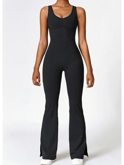 Wide Strap Bootcut Slit Active Jumpsuit - Dapper Deluxe Fashion