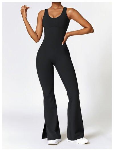 Wide Strap Bootcut Slit Active Jumpsuit - Dapper Deluxe Fashion