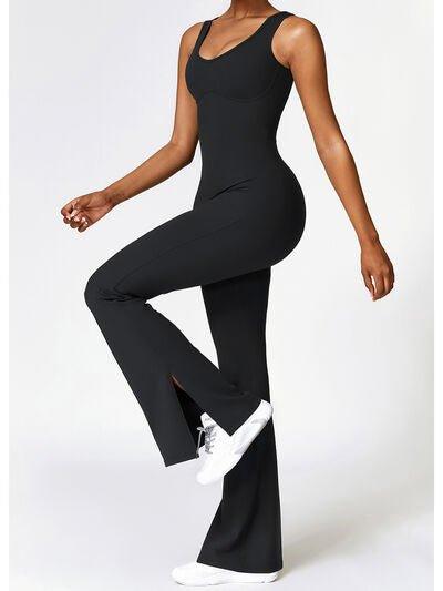 Wide Strap Bootcut Slit Active Jumpsuit - Dapper Deluxe Fashion