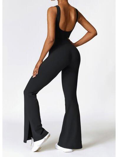 Wide Strap Bootcut Slit Active Jumpsuit - Dapper Deluxe Fashion