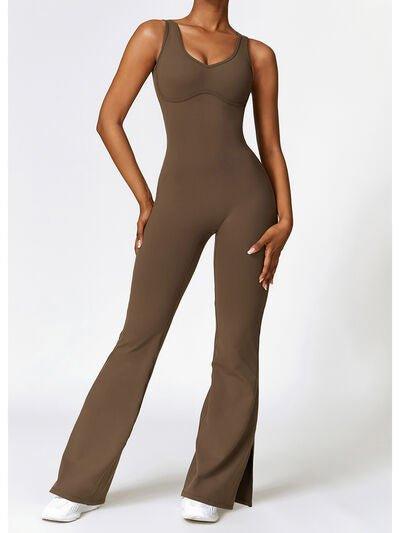 Wide Strap Bootcut Slit Active Jumpsuit - Dapper Deluxe Fashion