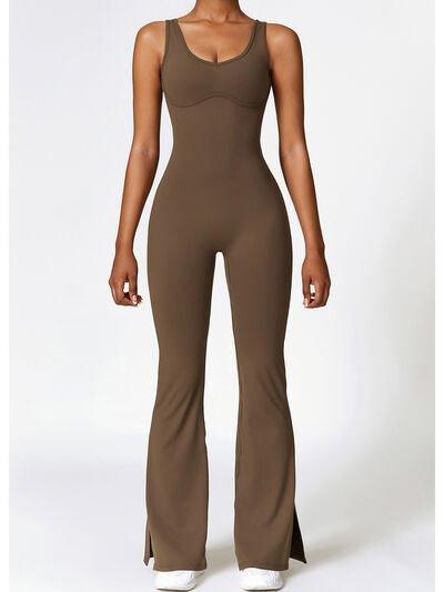 Wide Strap Bootcut Slit Active Jumpsuit - Dapper Deluxe Fashion