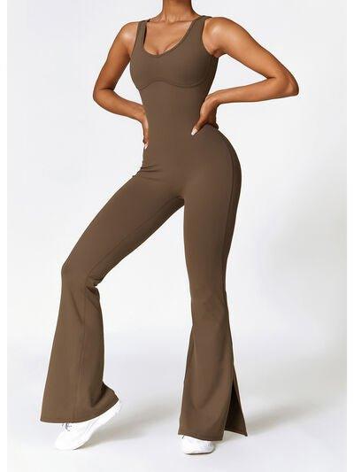 Wide Strap Bootcut Slit Active Jumpsuit - Dapper Deluxe Fashion